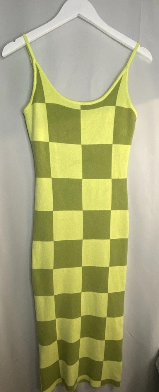 Green Check Knit Bodycon Midi Dress Stretch Scoop Neck Strappy Sleeveless M